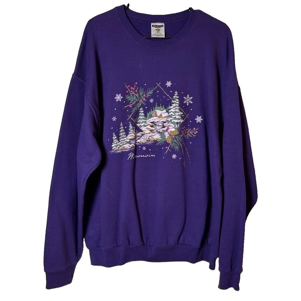 VTG Jerzees Wisconsin Sweatshirt XL Purple Winter Scenic Cabin Crewneck Y2K